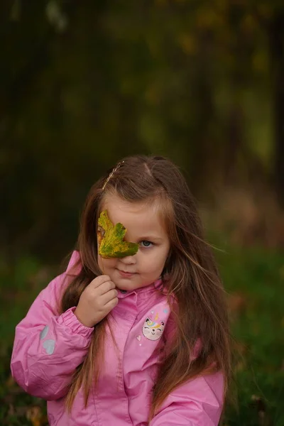 Holčička Žlutým Listem Dítě Hraje Podzimními Zlatými Listy Děti Hrají — Stock fotografie