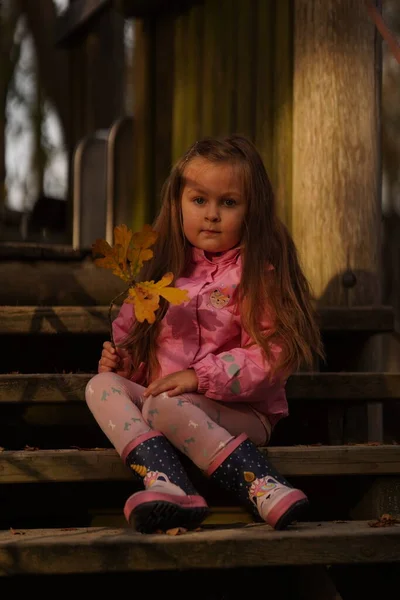 一个可爱的小女孩牵着落下来的黄色枫树 微笑着 — 图库照片