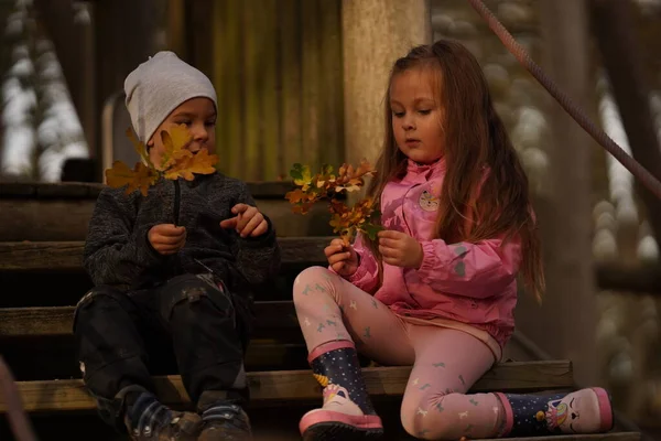 Beautiful Toddler Boy His Cute Sister Sitting Wooden Stairs Park — Stock Photo, Image