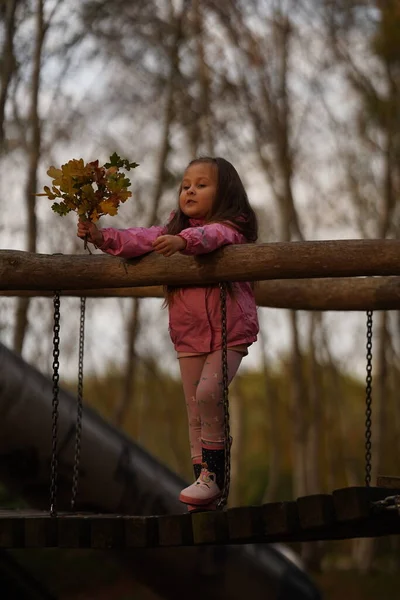 Herbst Outdoor Porträt Der Schönen Glücklichen Kind Mädchen Fuß Park — Stockfoto