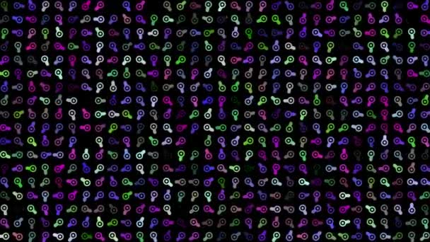 彩色闪烁旋转放大图标在黑色的Bg上 文字的节日背景 五彩缤纷的创意扁平动态塑造动画 业务Bg Fps 3D渲染 — 图库视频影像