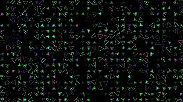 Farbige Blinkende Rotierende Dreiecke Auf Schwarzem Grund Abstrakter Festlicher Hintergrund — Stockfoto