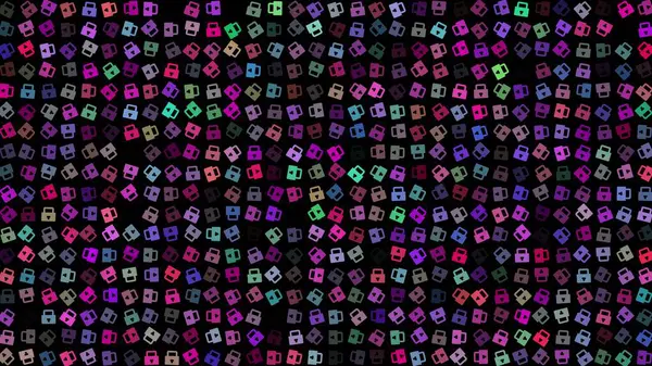 stock image Colored flashing rotating Lock on black bg. Abstract festive background for advertising, congratulations, text. Colorful creative flat dynamic shapes animation. Business bg. 3D render.