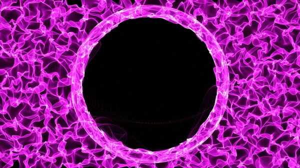 Hot flaming circle with ember. Explosive colored gases and pink flames on black background. Perfect for text or logo placement. 3D rendering.