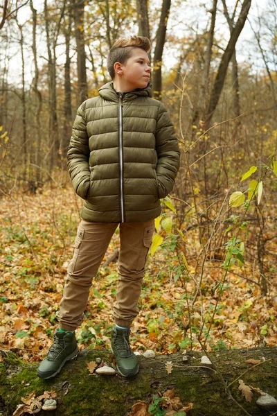 An attractive boy with a stylish hairstyle stands in the autumn forest on a fallen tree. Autumn fashion and clothing. Freedom, lifestyle.