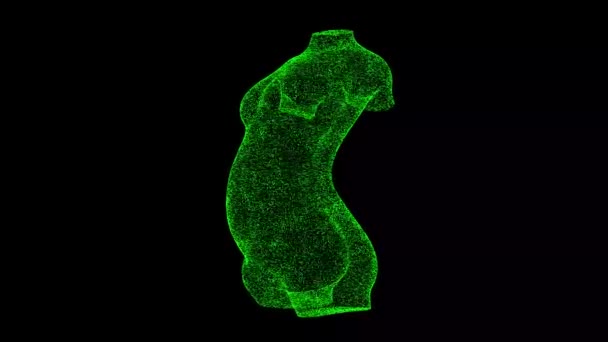 一个怀孕女人的3D猛兽在黑色的Bg上旋转 物体溶解绿色闪烁粒子60 Fps 商业广告背景 科学概念 3D动画 — 图库视频影像