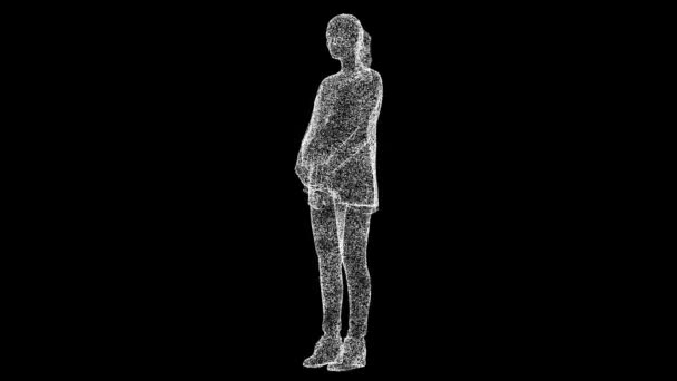 3D怀孕的女人在黑色的Bg上旋转 物体溶解了60 Fps的白色闪烁粒子 商业广告背景 科学概念 3D动画 — 图库视频影像