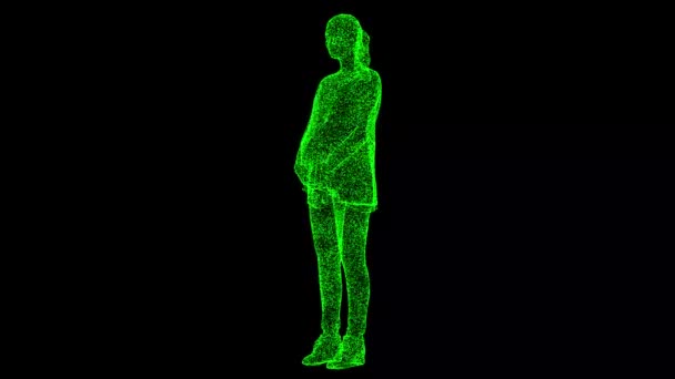 3D怀孕的女人在黑色的Bg上旋转 物体溶解绿色闪烁粒子60 Fps 商业广告背景 科学概念 3D动画 — 图库视频影像