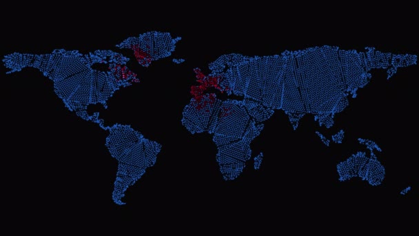 Μπλε Χάρτης Του Κόσμου Και Των Ηπείρων Όπου Κόκκινο Χρώμα — Αρχείο Βίντεο