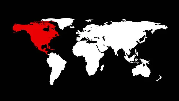 红色北美洲的世界地图 整个世界地图的黑色背景 信息设计 商务或旅行概念 病毒感染 3D动画 — 图库照片