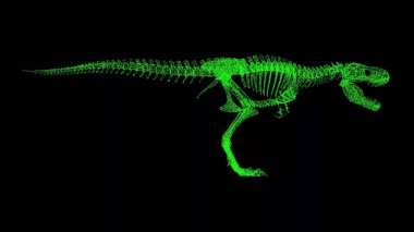 Siyah bg üzerinde 3D Tyrannosaurus rex iskeleti. Nesne, titreşen yeşil parçacıkları eritti. İş için reklam arkaplanı. Bilim konsepti. Başlık, metin, sunum için. 3 Boyutlu Canlandırma