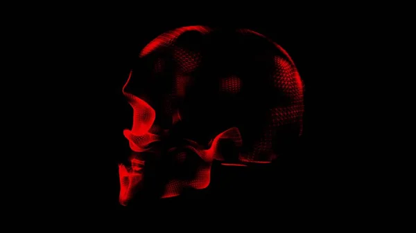 A human skull with red flashes on a black background. Skull scanning. A symbol of danger. Tomography of the brain. Pain in the skull. 3D animation