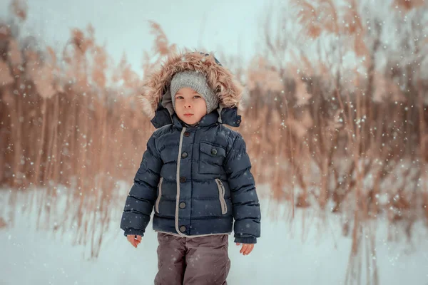 Cute Little Boy Snowy Field — Stock Photo, Image