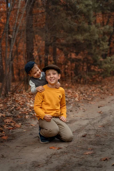Het Kind Knuffelt Zijn Oudere Broer Kinderen Retrokleding Het Bos — Stockfoto