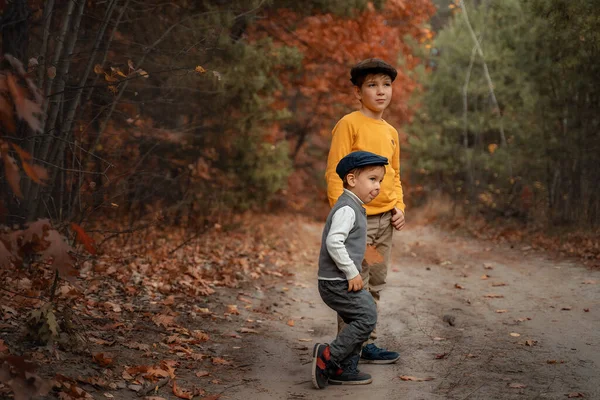 Fashionably Dressed Children Posing Forest Retro Style Children Autumn Fashion — Stock Photo, Image