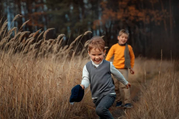 Twee Gelukkige Jongens Rennen Samen Het Veld Met Een Vrolijke — Stockfoto
