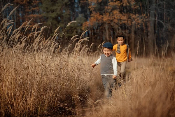 Dos Chicos Felices Corriendo Juntos Por Campo Con Grito Alegre —  Fotos de Stock