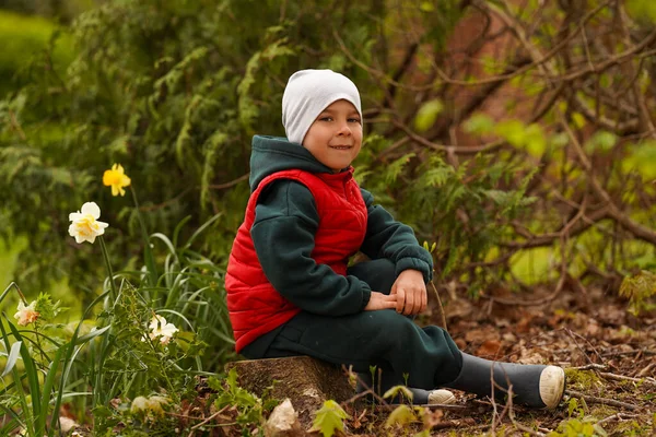 A little boy in spring clothes sits on a tree stump among flowers and smiles