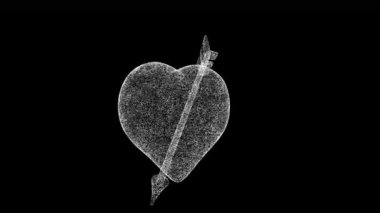 Kara bg üzerinde dönen okla delinmiş üç boyutlu kalp. Nesne, titreşen beyaz parçacıkları eritti. Aşk konsepti. Başlık, metin, sunum için. 3D animasyon 60 FPS