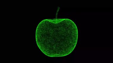 Üç boyutlu elma siyah bg üzerinde döner. Nesne titreşen parçacıkları eritti. Organik gıda konsepti. Başlık, metin, sunum için. 3D animasyon 60 FPS