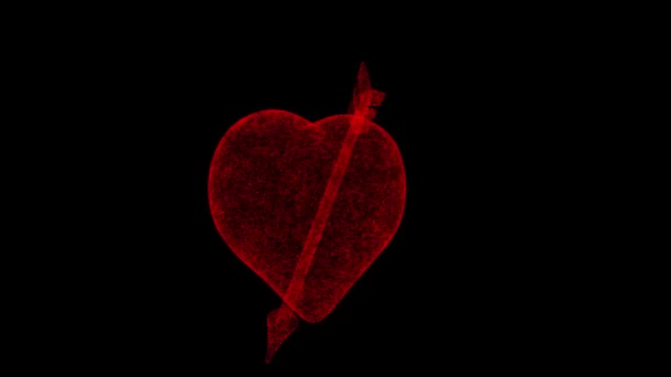 Coração Perfurado Com Seta Gira Preto Objeto Dissolvido Partículas Cintilantes — Vídeo de Stock