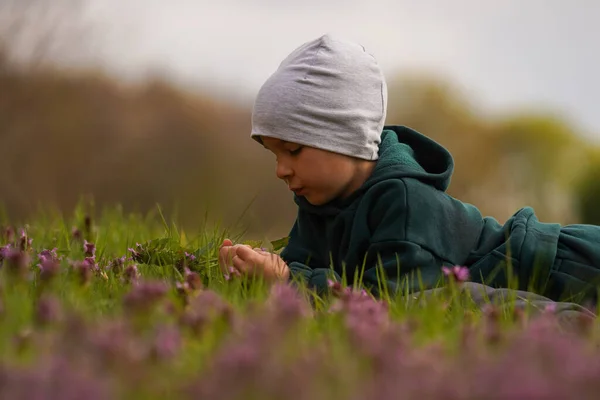 Een Jongetje Ligt Een Lenteweide Tussen Bloemen Dromen — Stockfoto