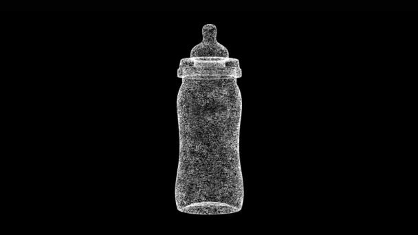 Babyflasche Dreht Sich Auf Schwarzem Hintergrund Objekt Aus Schimmernden Teilchen — Stockvideo