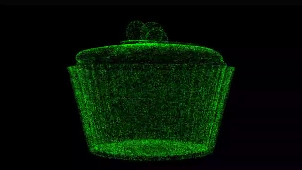 3Dカップケーキは黒の背景で回転します 光る粒子でできた物体 フードスナックのコンセプト タイトル テキスト プレゼンテーションのために 3Dアニメーション60 Fps — ストック動画