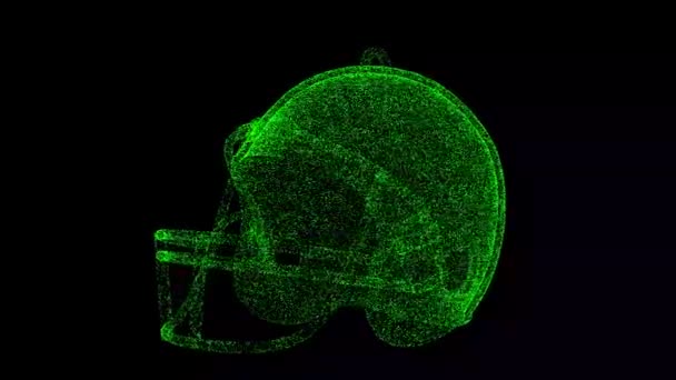 3Dサッカーヘルメットは黒の背景で回転します 光る粒子でできた物体 スポーツ防衛の概念 タイトル テキスト プレゼンテーションのために 3Dアニメーション60 Fps — ストック動画