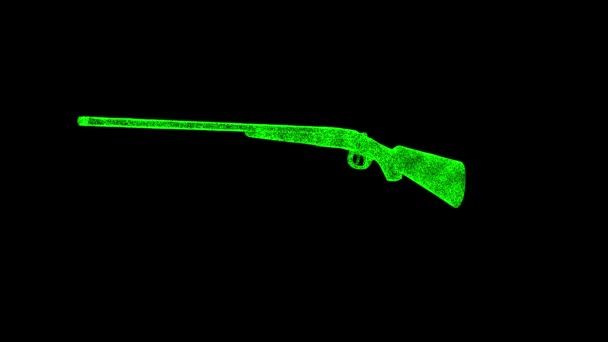 3D猎枪或双管步枪在黑色背景下旋转 用闪光的粒子制成的物体 猎人武器的概念 3D动画60 Fps — 图库视频影像