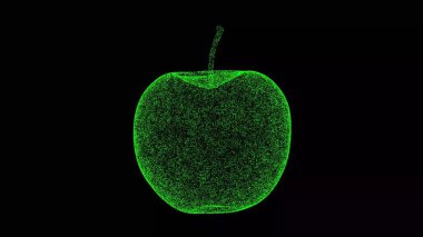 Üç boyutlu elma siyah bg üzerinde döner. Nesne titreşen parçacıkları eritti. Organik gıda konsepti. Başlık, metin, sunum için. 3d canlandırma