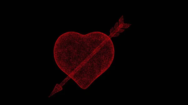 Kalp Siyah Üzerinde Okla Delindi Nesne Yanıp Sönen Kırmızı Parçacıkları — Stok fotoğraf