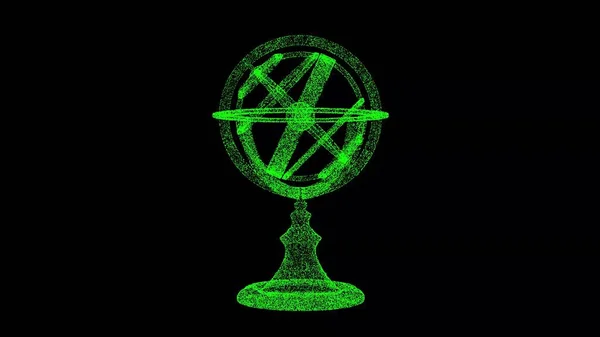 3D armillary sphere on black bg. Object dissolved flickering particles. Scientific historical concept. For title, text, presentation. 3d animation
