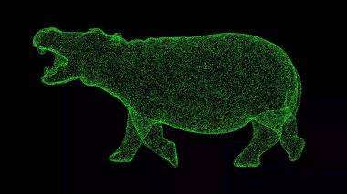 Siyah arka planda 3 boyutlu su aygırı. Parlayan parçacıklardan yapılmış bir nesne. Vahşi hayvanlar konsepti. Başlık, metin, sunum için. 3d canlandırma
