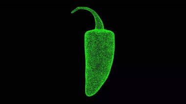 Siyah arka planda 3 boyutlu kırmızı biber. Parlayan parçacıklardan yapılmış bir nesne. Sıcak yemek konsepti. Başlık, metin, sunum için. 3d canlandırma