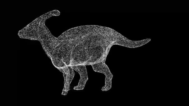 Boyutlu Dinozor Parasaurolophus Siyah Arkaplan Üzerinde Döner Parlayan Parçacıklardan Yapılmış — Stok video