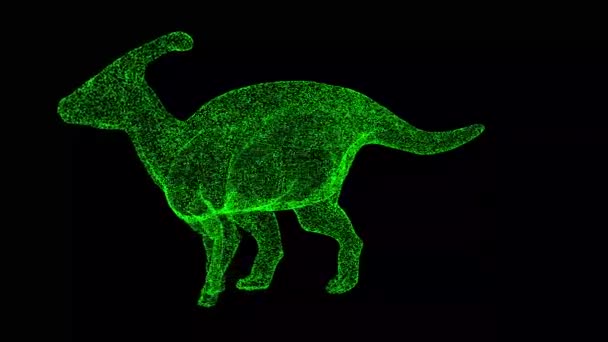 Dinosaurus Parasaurolophus Draait Zwarte Achtergrond Voorwerp Gemaakt Van Glinsterende Deeltjes — Stockvideo