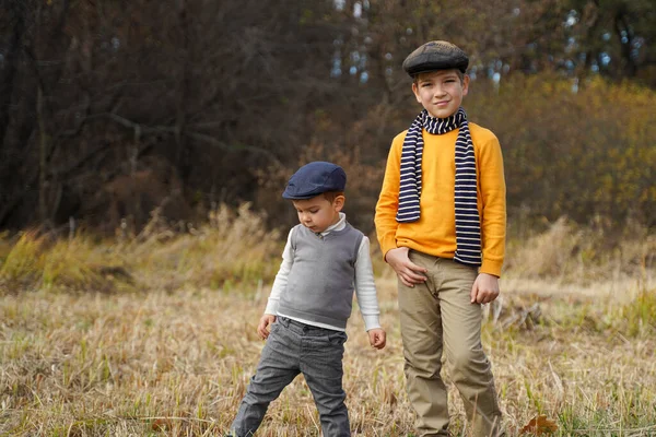 Δύο Αγόρια Φθινόπωρο Μοντέρνα Ρούχα Σταθεί Στο Πεδίο — Φωτογραφία Αρχείου