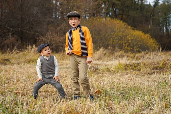 Twee Vrienden Die Plezier Hebben Een Herfstweide Kinderen Vermaken Zich — Stockfoto