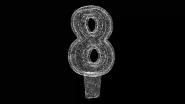 Siyah arkaplanda 3 boyutlu 8 haneli rakamlar dönüyor. Parlayan parçacıklardan yapılmış bir nesne. Sayısal Yıldönümü Tatili konsepti. Başlık, metin, sunum için. 3D animasyon 60 FPS