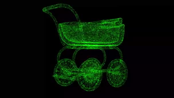 Carrinho Bebê Gira Sobre Fundo Preto Objeto Feito Partículas Cintilantes — Vídeo de Stock