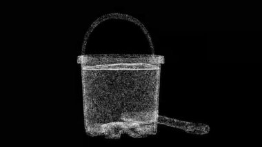 Siyah arka planda dönen kürekli 3 boyutlu kum kovası. Parlayan parçacıklardan yapılmış bir nesne. Yaz tatili kavramı. Başlık, metin, sunum için. 3D animasyon 60 FPS