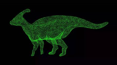 Siyah arka planda üç boyutlu dinozor Parasaurolophus. Parlayan parçacıklardan yapılmış bir nesne. Vahşi hayvanlar konsepti. Başlık, metin, sunum için. 3d canlandırma