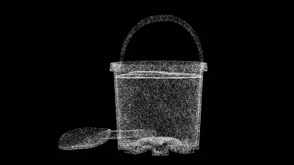 黒い背景にシャベル付きの3D砂バケツ 光る粒子でできた物体 夏休みのコンセプト タイトル テキスト プレゼンテーションのために 3Dアニメーション — ストック写真
