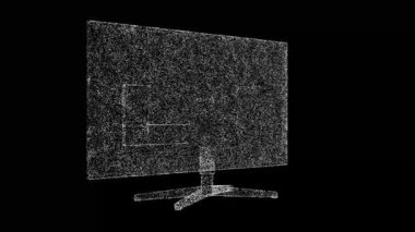 3D TV seti monitör ekranı siyah arkaplanda döner. Parlayan parçacıklardan yapılmış bir nesne. Başlık, metin, sunum için. 3D animasyon 60 FPS