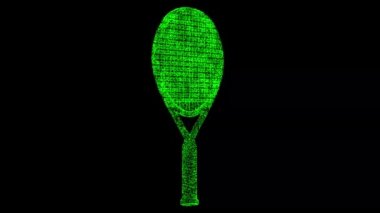 Üç boyutlu tenis raketi siyah arka planda döner. Parlayan parçacıklardan yapılmış bir nesne. Spor malzemeleri konsepti. Başlık, metin, sunum için. 3D animasyon 60 FPS