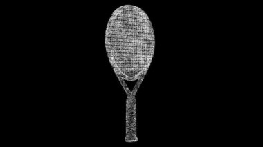 Üç boyutlu tenis raketi siyah arka planda döner. Parlayan parçacıklardan yapılmış bir nesne. Spor malzemeleri konsepti. Başlık, metin, sunum için. 3D animasyon 60 FPS