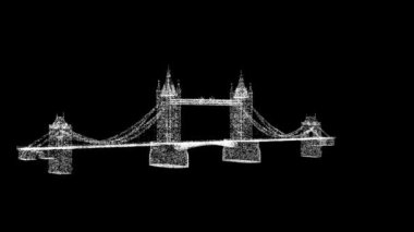 3D Tower Bridge London siyah arka planda dönüyor. Parlayan parçacıklardan yapılmış bir nesne. Mimari seyahat konsepti. Başlık, metin, sunum için. 3D animasyon 60 FPS