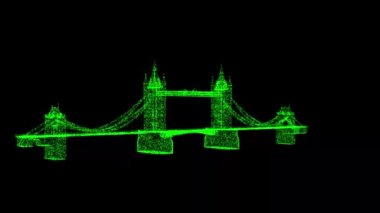 3D Tower Bridge London siyah arka planda dönüyor. Parlayan parçacıklardan yapılmış bir nesne. Mimari seyahat konsepti. Başlık, metin, sunum için. 3D animasyon 60 FPS