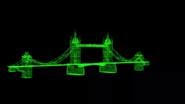 Tower Bridge London Gira Sobre Fundo Preto Objeto Feito Partículas — Vídeo de Stock